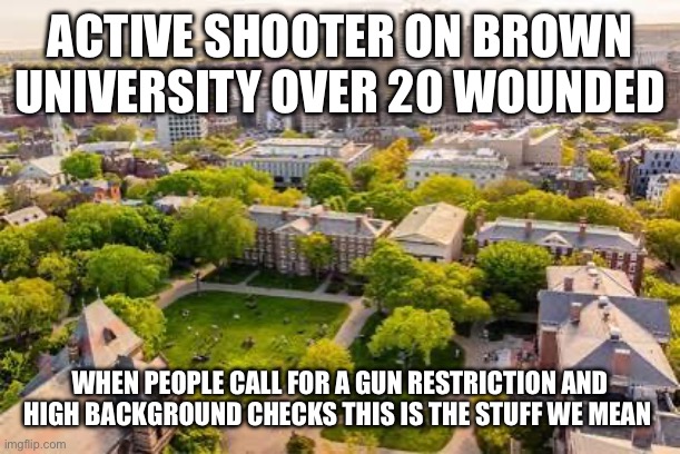 Stop the violence | ACTIVE SHOOTER ON BROWN UNIVERSITY OVER 20 WOUNDED; WHEN PEOPLE CALL FOR A GUN RESTRICTION AND HIGH BACKGROUND CHECKS THIS IS THE STUFF WE MEAN | image tagged in brown university | made w/ Imgflip meme maker