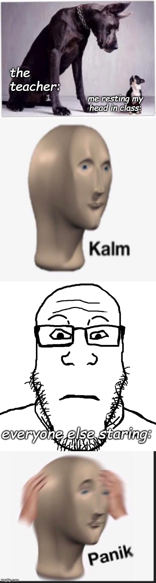 i mean they can js mind their own business | the teacher:; me resting my head in class:; everyone else staring: | image tagged in big dog little dog,just kalm,neutral wojak,memes,panik kalm panik | made w/ Imgflip meme maker