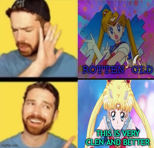mandjtv and sailor moon | ROTTEN OLD; THIS IS VERY CLEN AND BETTER | image tagged in mandjtv,sailor moon,anime,pokemon memes,anime memes,sailor moon crystal | made w/ Imgflip meme maker