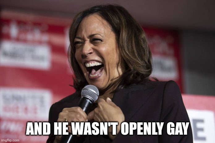 Kamala laughing | AND HE WASN'T OPENLY GAY | image tagged in kamala laughing | made w/ Imgflip meme maker