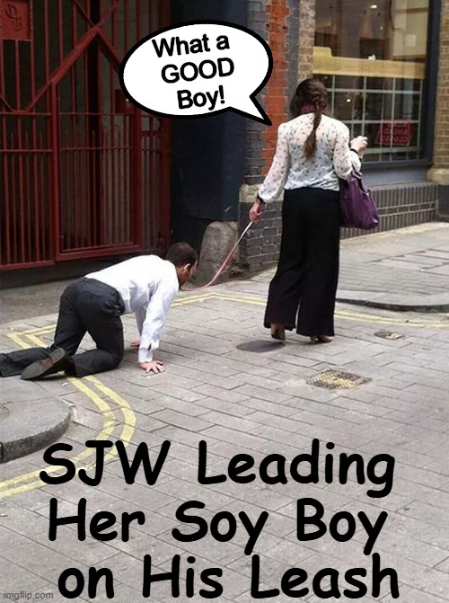 Just Another Easily Led Male Feminist | What a 
GOOD
Boy! SJW Leading 
Her Soy Boy 
on His Leash | image tagged in social justice warrior,men and women,feminist,democrats,weakness,political humor | made w/ Imgflip meme maker
