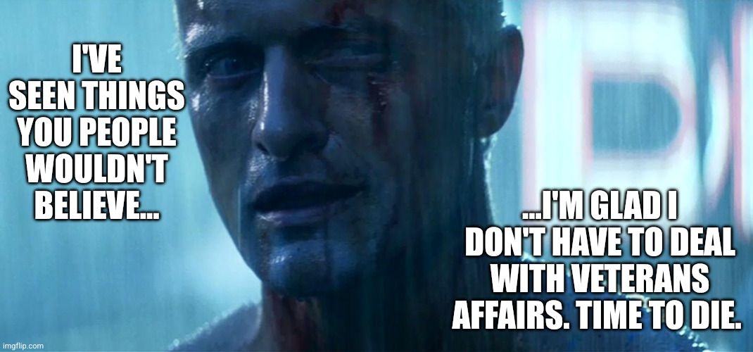 The upside to being a Replicant... | I'VE SEEN THINGS YOU PEOPLE WOULDN'T BELIEVE... ...I'M GLAD I DON'T HAVE TO DEAL WITH VETERANS AFFAIRS. TIME TO DIE. | image tagged in blade runner tears in rain,memes,rutger hauer,roy batty,veterans affairs,survivors | made w/ Imgflip meme maker