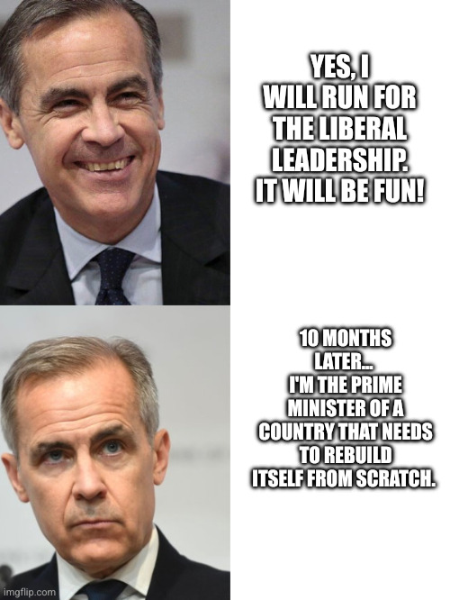 The dream... and the reality of being Canada's Prime Minister | YES, I WILL RUN FOR THE LIBERAL LEADERSHIP. IT WILL BE FUN! 10 MONTHS LATER... 
I'M THE PRIME MINISTER OF A COUNTRY THAT NEEDS TO REBUILD ITSELF FROM SCRATCH. | image tagged in mark carney,memes,canada,novice,prime minister | made w/ Imgflip meme maker