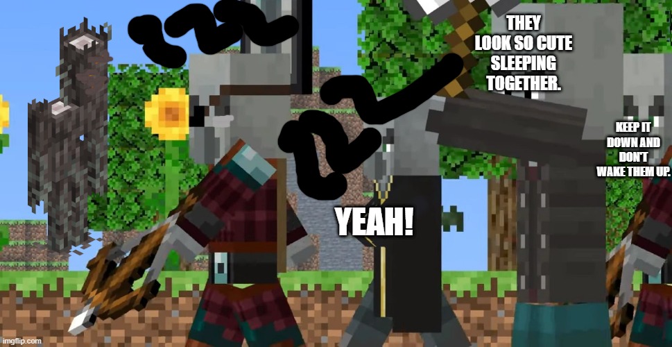 Pillager Patrol | THEY LOOK SO CUTE SLEEPING TOGETHER. KEEP IT DOWN AND DON'T WAKE THEM UP. YEAH! | image tagged in pillager patrol | made w/ Imgflip meme maker