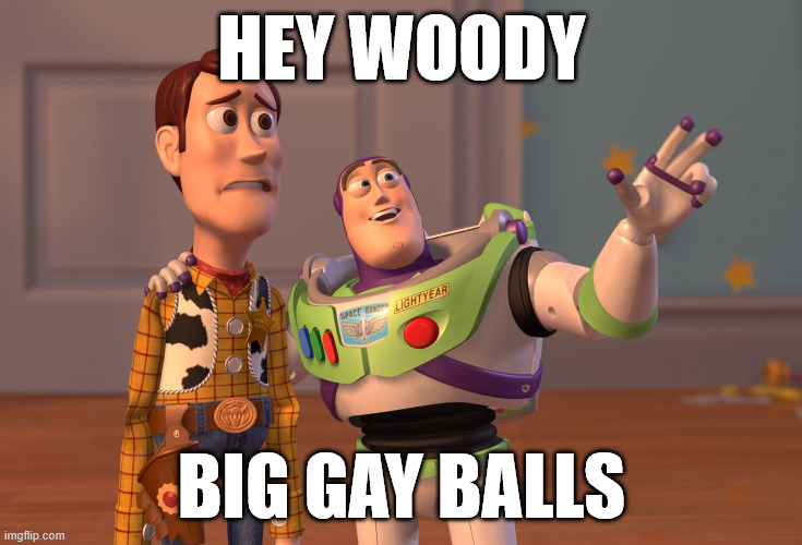 HEY WOODY BIG GAY BALLS | image tagged in memes,x x everywhere | made w/ Imgflip meme maker