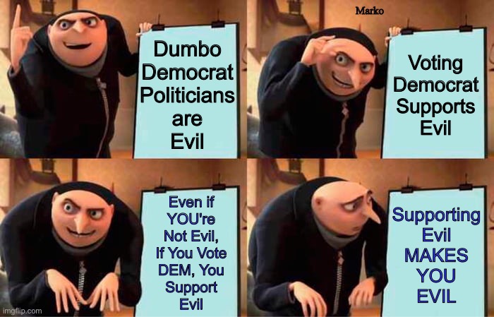 Evil Is, As Evil Does | Marko; Dumbo
Democrat
Politicians
are
Evil; Voting
Democrat
Supports
Evil; Even if
YOU're
Not Evil,
If You Vote
DEM, You
Support
Evil; Supporting
Evil
MAKES
YOU
EVIL | image tagged in memes,gru's plan,fjb voters can kissmyass,u too progressives,then all u lefties meet up in hell | made w/ Imgflip meme maker