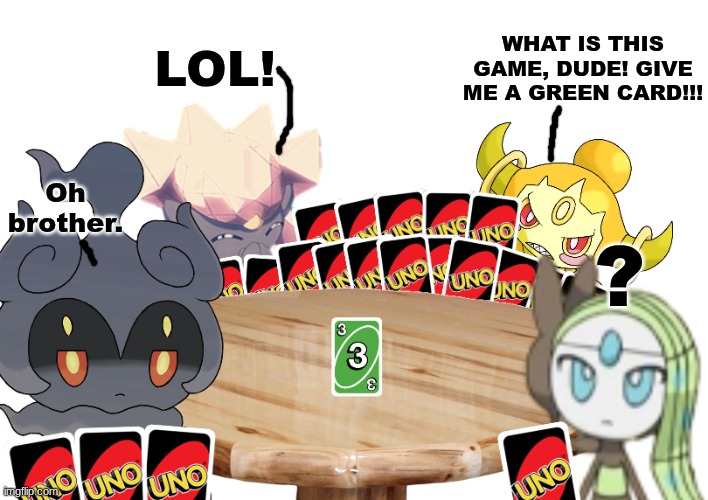 The 4 Mythicals playing UNO.mp3 | image tagged in the 4 mythicals,kage,melody,chip,kessho | made w/ Imgflip meme maker