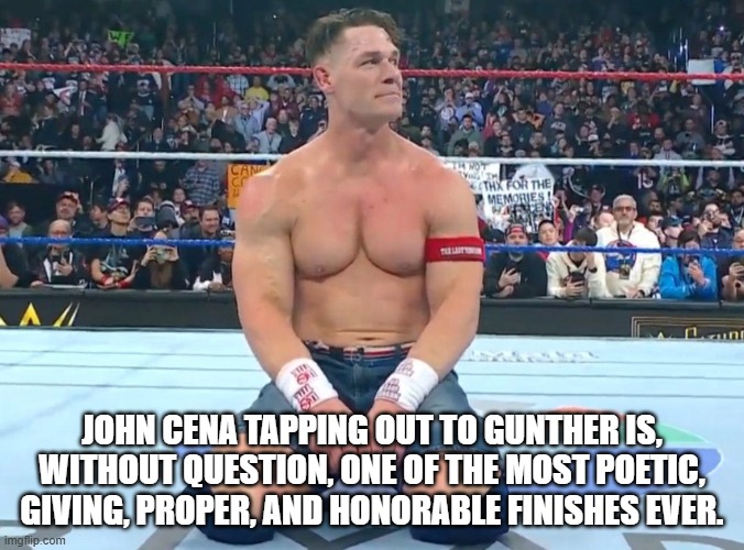 Thank You Cena | JOHN CENA TAPPING OUT TO GUNTHER IS, WITHOUT QUESTION, ONE OF THE MOST POETIC, GIVING, PROPER, AND HONORABLE FINISHES EVER. | image tagged in final match john cena | made w/ Imgflip meme maker