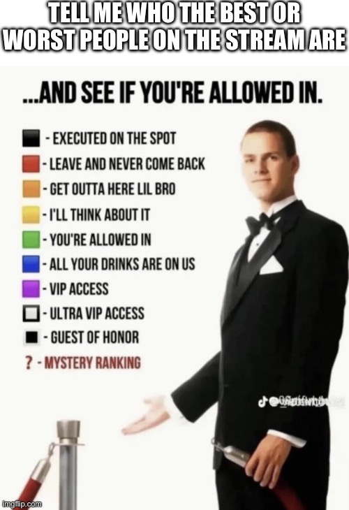 See if your allowed in. | TELL ME WHO THE BEST OR WORST PEOPLE ON THE STREAM ARE | image tagged in see if your allowed in | made w/ Imgflip meme maker