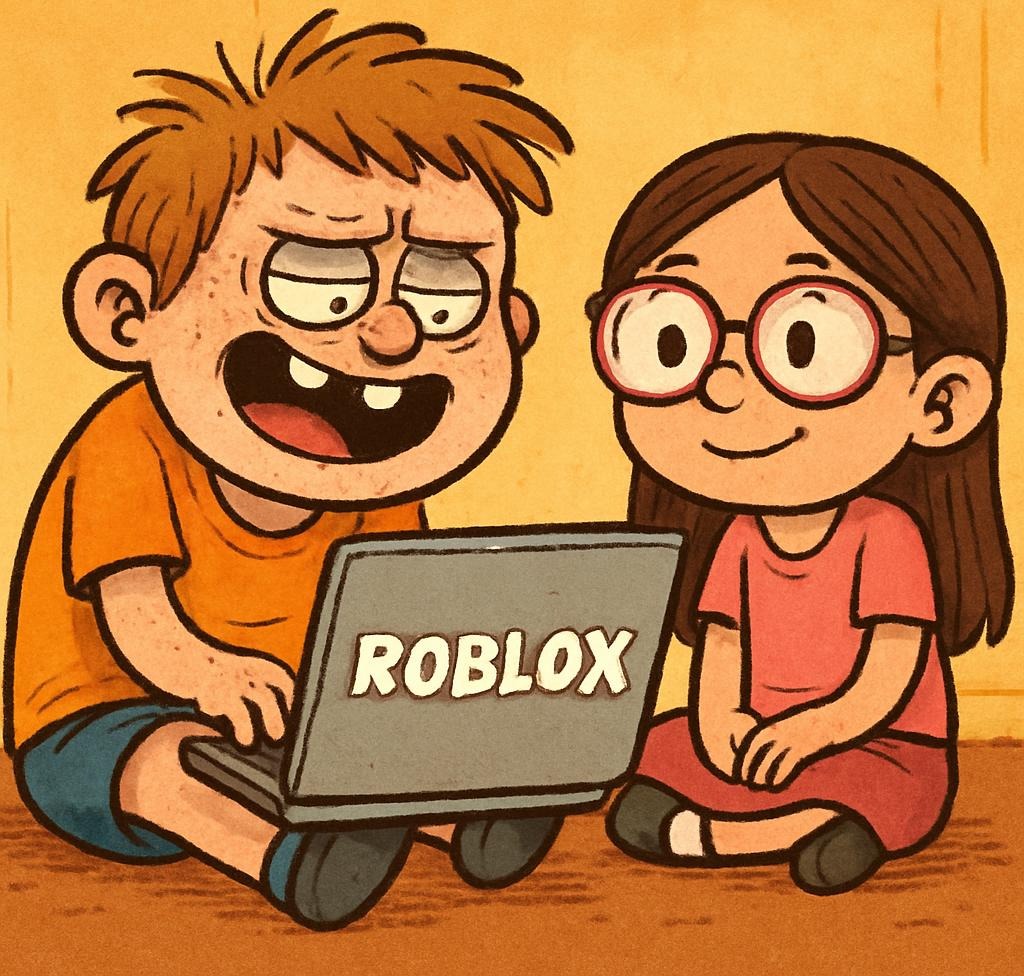 dumb child ugly playing roblox with little girl with glasses Blank Meme Template
