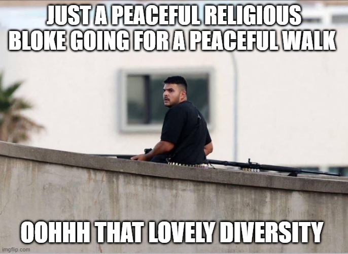 JUST A PEACEFUL RELIGIOUS BLOKE GOING FOR A PEACEFUL WALK; OOHHH THAT LOVELY DIVERSITY | made w/ Imgflip meme maker