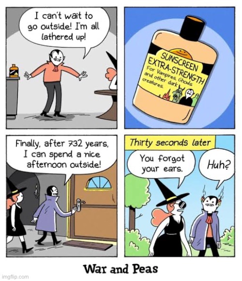 War and Peas | image tagged in comics,war and peas,vampire,sunscreen,witch,sunburn | made w/ Imgflip meme maker