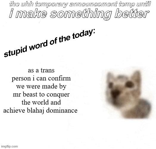 the uhh stupid car announcement temp (temporary) | as a trans person i can confirm we were made by mr beast to conquer the world and achieve blahaj dominance | image tagged in the uhh stupid car announcement temp temporary | made w/ Imgflip meme maker