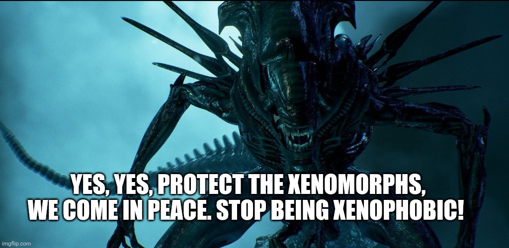 Alien Queen | YES, YES, PROTECT THE XENOMORPHS, WE COME IN PEACE. STOP BEING XENOPHOBIC! | image tagged in alien queen | made w/ Imgflip meme maker