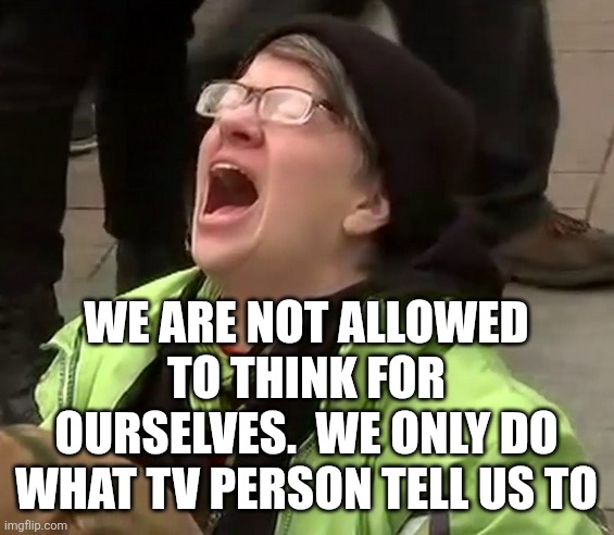 Crying liberal | WE ARE NOT ALLOWED TO THINK FOR OURSELVES.  WE ONLY DO WHAT TV PERSON TELL US TO | image tagged in crying liberal | made w/ Imgflip meme maker