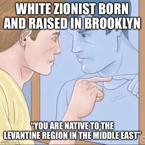 Pointing mirror guy | WHITE ZIONIST BORN AND RAISED IN BROOKLYN; “YOU ARE NATIVE TO THE LEVANTINE REGION IN THE MIDDLE EAST” | image tagged in pointing mirror guy | made w/ Imgflip meme maker