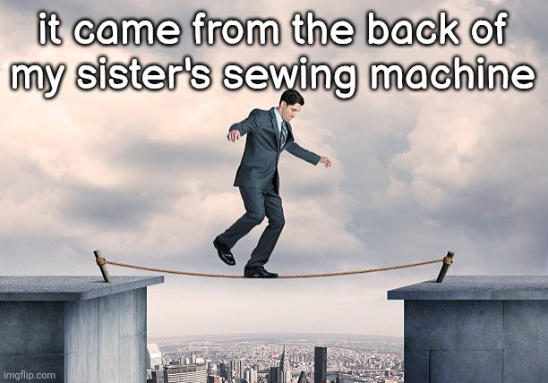 man walking on rope | it came from the back of
my sister's sewing machine | image tagged in man walking on rope | made w/ Imgflip meme maker