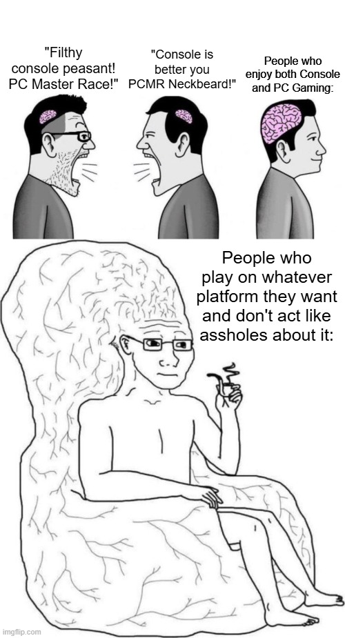 "Filthy console peasant! PC Master Race!"; People who enjoy both Console and PC Gaming:; "Console is better you PCMR Neckbeard!"; People who play on whatever platform they want and don't act like assholes about it: | image tagged in two small brain men screaming at each other while big brain man,brain chair,console wars,consoles,pc gaming | made w/ Imgflip meme maker