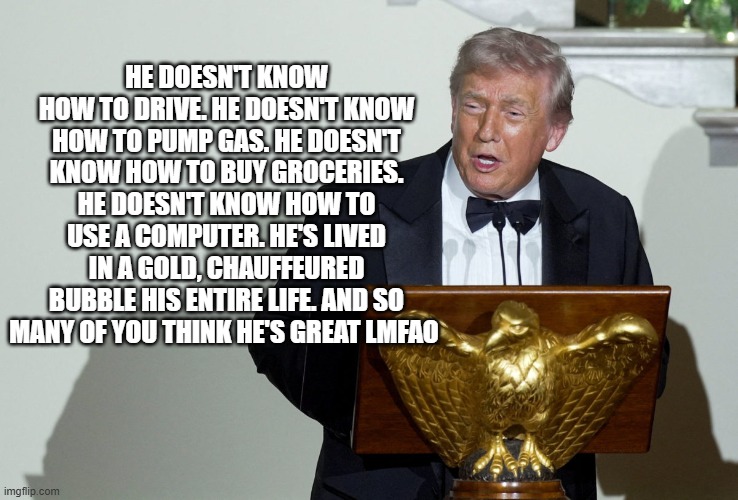 F Trump | HE DOESN'T KNOW HOW TO DRIVE. HE DOESN'T KNOW HOW TO PUMP GAS. HE DOESN'T KNOW HOW TO BUY GROCERIES. HE DOESN'T KNOW HOW TO USE A COMPUTER. HE'S LIVED IN A GOLD, CHAUFFEURED BUBBLE HIS ENTIRE LIFE. AND SO MANY OF YOU THINK HE'S GREAT LMFAO | image tagged in fucktrump | made w/ Imgflip meme maker