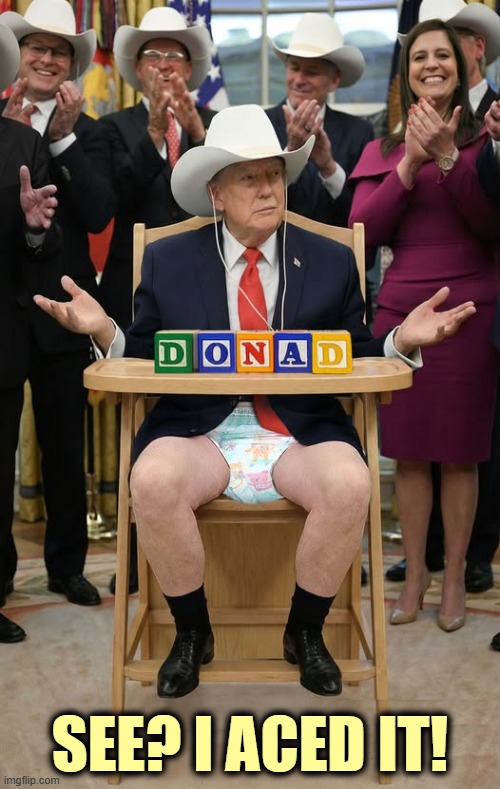 Oh, go away, old man. | SEE? I ACED IT! | image tagged in trump,old,senile,dementia,decline,deterioration | made w/ Imgflip meme maker