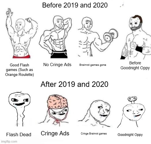 HELP I AM TRAPPED IN 2020S | Before 2019 and 2020; Before Goodnight Oppy; No Cringe Ads; Brainrot games gone; Good Flash games (Such as Orange Roulette); After 2019 and 2020; Cringe Ads; Cringe Brainrot games; Flash Dead; Goodnight Oppy | image tagged in x in the past vs x now | made w/ Imgflip meme maker