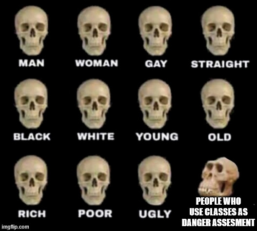 A beginners mistake | PEOPLE WHO USE CLASSES AS DANGER ASSESMENT | image tagged in idiot skull,memes,scp | made w/ Imgflip meme maker