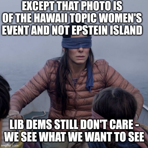 Bird Box Meme | EXCEPT THAT PHOTO IS OF THE HAWAII TOPIC WOMEN'S EVENT AND NOT EPSTEIN ISLAND LIB DEMS STILL DON'T CARE -
WE SEE WHAT WE WANT TO SEE | image tagged in memes,bird box | made w/ Imgflip meme maker