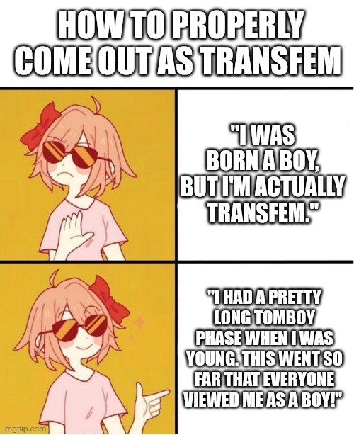 How to properly come out as transfem | HOW TO PROPERLY COME OUT AS TRANSFEM; "I WAS BORN A BOY, BUT I'M ACTUALLY TRANSFEM."; "I HAD A PRETTY LONG TOMBOY PHASE WHEN I WAS YOUNG. THIS WENT SO FAR THAT EVERYONE VIEWED ME AS A BOY!" | image tagged in sayori drake,coming out,transfem,transgender,gender identity | made w/ Imgflip meme maker