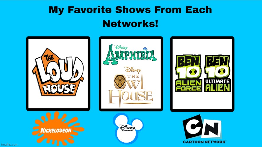 My Favorite Shows From Each Networks | image tagged in ben 10,the loud house,the owl house,amphibia,memes | made w/ Imgflip meme maker