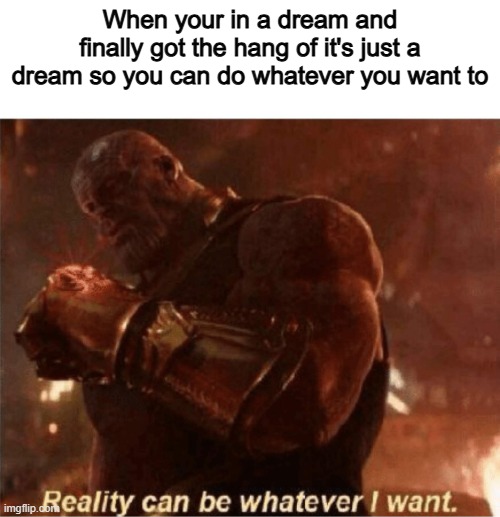 Except going to the toilet.... | When your in a dream and finally got the hang of it's just a dream so you can do whatever you want to | image tagged in reality can be whatever i want,memes,funny,dream,so true,relatable memes | made w/ Imgflip meme maker