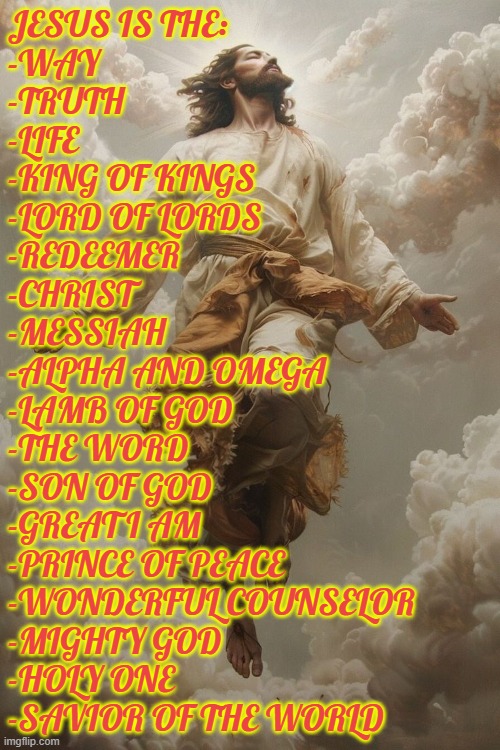 Jesus is God, the Way, King of Kings, Messiah, Lamb of God, the Word, Savior, King of Kings | JESUS IS THE:
-WAY
-TRUTH
-LIFE
-KING OF KINGS
-LORD OF LORDS
-REDEEMER
-CHRIST
-MESSIAH
-ALPHA AND OMEGA
-LAMB OF GOD
-THE WORD
-SON OF GOD
-GREAT I AM
-PRINCE OF PEACE
-WONDERFUL COUNSELOR
-MIGHTY GOD
-HOLY ONE
-SAVIOR OF THE WORLD | image tagged in jesus,christianity,god | made w/ Imgflip meme maker