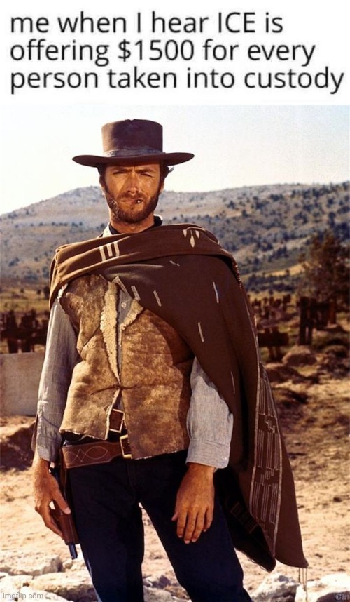 Ice is offering a bounty | image tagged in man with no name,bounty hunter | made w/ Imgflip meme maker