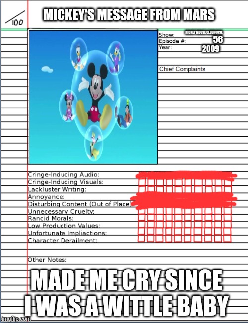 Animated Atrocity #1 - Mickey's Message From Mars | MICKEY'S MESSAGE FROM MARS; MICKEY MOUSE CLUBHOUSE; 56; 2009; MADE ME CRY SINCE I WAS A WITTLE BABY | image tagged in animated atrocities,mickey mouse | made w/ Imgflip meme maker