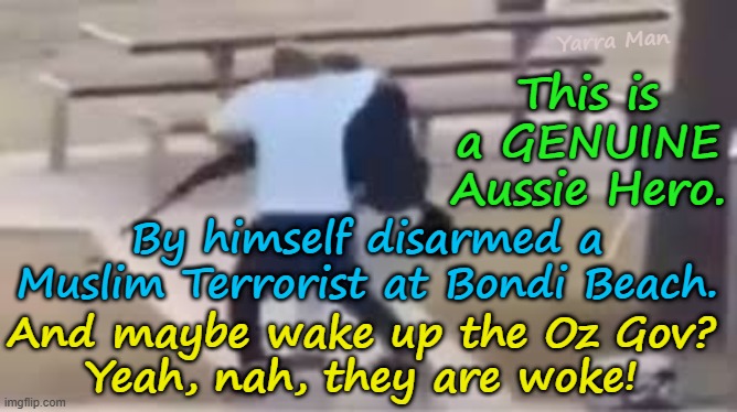 A genuine Aussie hero (a real one). This might even wake up the Oz Labor Gov? | Yarra Man; This is a GENUINE Aussie Hero. And maybe wake up the Oz Gov?
Yeah, nah, they are woke! By himself disarmed a Muslim Terrorist at Bondi Beach. | image tagged in muslim terrorists,jews,bondi beach,australian labor party woke self gratification by proxy,open borders,sydney | made w/ Imgflip meme maker