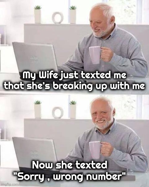 What a relief | My Wife just texted me that she's breaking up with me; Now she texted "Sorry , wrong number" | image tagged in memes,hide the pain harold,cheating,still a better love story than twilight | made w/ Imgflip meme maker