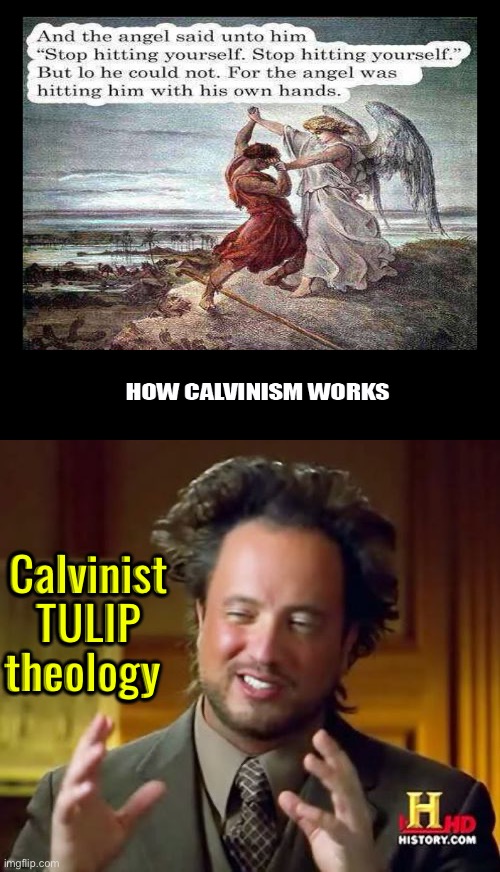 TULIP Theology | Calvinist TULIP theology | image tagged in ancient aliens,calvinism,calvinist memes,tulips,anti calvinism,reformed theology | made w/ Imgflip meme maker
