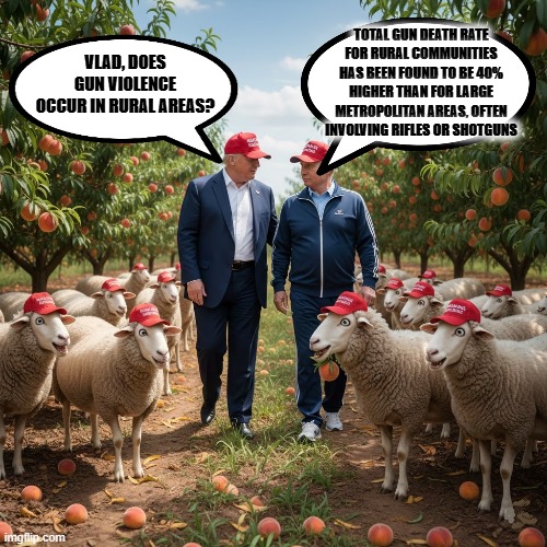 Total gun death rate for rural communities has been found to be 40% higher than for large metropolitan areas | VLAD, DOES GUN VIOLENCE OCCUR IN RURAL AREAS? TOTAL GUN DEATH RATE FOR RURAL COMMUNITIES HAS BEEN FOUND TO BE 40% HIGHER THAN FOR LARGE METR | image tagged in maga,trump,putin,gun violence,farm,impeach | made w/ Imgflip meme maker