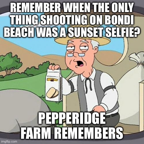 REMEMBER WHEN THE ONLY THING SHOOTING ON BONDI BEACH WAS A SUNSET SELFIE? | REMEMBER WHEN THE ONLY THING SHOOTING ON BONDI BEACH WAS A SUNSET SELFIE? PEPPERIDGE FARM REMEMBERS | image tagged in memes,pepperidge farm remembers,meanwhile in australia,australia,australians,mass shooting | made w/ Imgflip meme maker