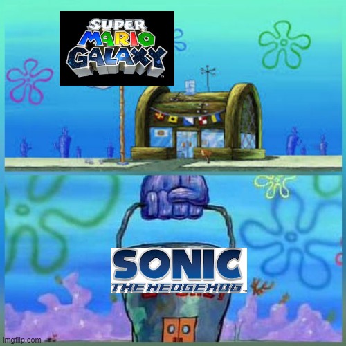 Nintendo and Sega's rivalry in 2007 | image tagged in memes,krusty krab vs chum bucket,sonic 06,sonic the hedgehog,mario,super mario galaxy | made w/ Imgflip meme maker