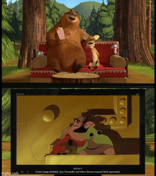 Boog and Elliot (Open Season) are watching The Emperor’s New Groove (2000) | image tagged in boog and elliot are watching the blank meme,open season,disney,the emperors new groove,memes,crossover | made w/ Imgflip meme maker