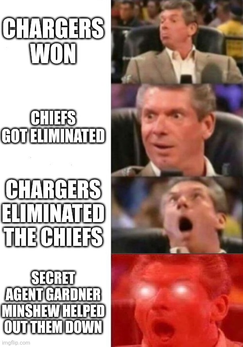 Mr. McMahon reaction | CHARGERS WON; CHIEFS GOT ELIMINATED; CHARGERS ELIMINATED THE CHIEFS; SECRET AGENT GARDNER MINSHEW HELPED OUT THEM DOWN | image tagged in mr mcmahon reaction | made w/ Imgflip meme maker