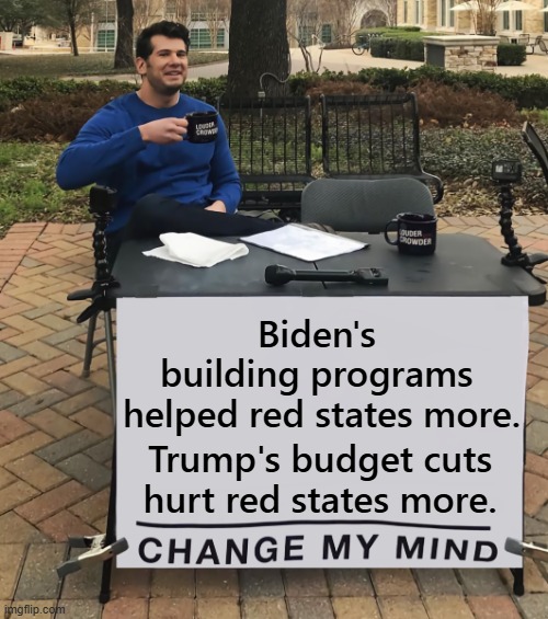 Bye bye, hospitals. | Biden's 
building programs 
helped red states more. Trump's budget cuts hurt red states more. | image tagged in change my mind tilt-corrected,biden,help,trump,hurt,red | made w/ Imgflip meme maker