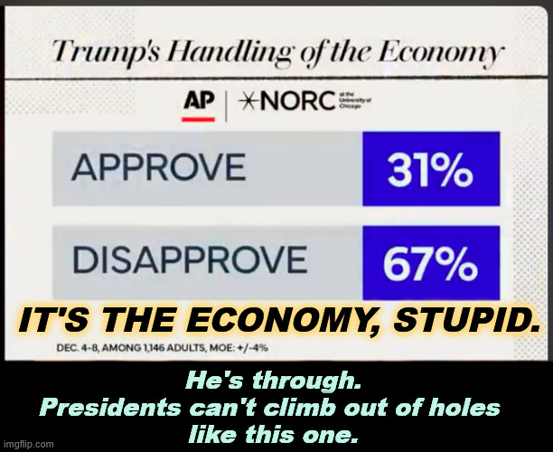 Fail | IT'S THE ECONOMY, STUPID. He's through.
Presidents can't climb out of holes 
like this one. | image tagged in dec 2025 presidents do not climb out of holes like this,trump,disapprove,economy,stuck,fail | made w/ Imgflip meme maker