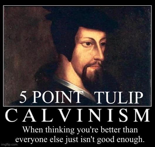 Calvinism Demotivational | TULIP; 5 POINT; When thinking you're better than everyone else just isn't good enough. | image tagged in calvinism,calvinist memes,demotivational,superior royalty,anti calvinism,reformed theology | made w/ Imgflip meme maker