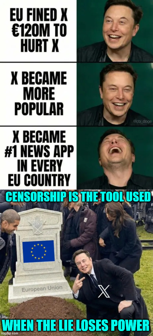 Censorship is the tool used when the lie loses power. | CENSORSHIP IS THE TOOL USED; WHEN THE LIE LOSES POWER | image tagged in eu,censorship,fine x,x becomes more popular,just like what dems did | made w/ Imgflip meme maker