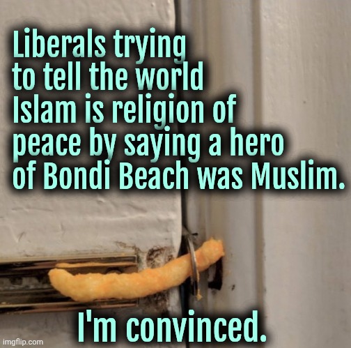 Libs get A for Effort. | Liberals trying to tell the world Islam is religion of peace by saying a hero of Bondi Beach was Muslim. I'm convinced. | image tagged in cheetos door lock,liberals,liberal logic,islam,democrats | made w/ Imgflip meme maker