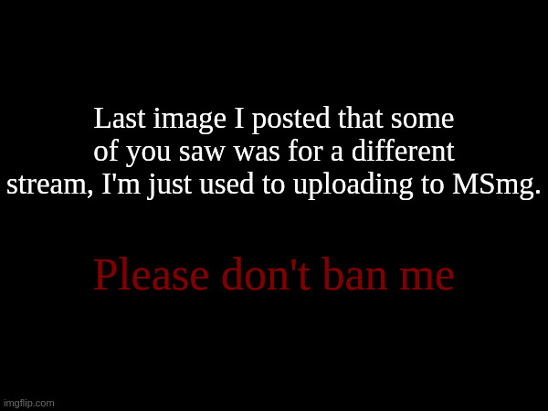 Last image I posted that some of you saw was for a different stream, I'm just used to uploading to MSmg. Please don't ban me | made w/ Imgflip meme maker
