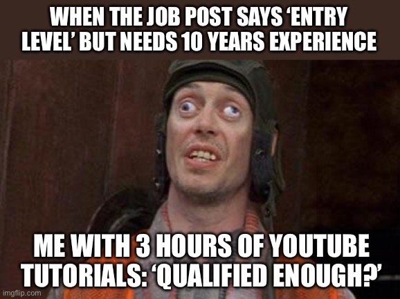 ME WITH 3 HOURS OF YOUTUBE TUTORIALS: ‘LOOKS GOOD TO ME!’ | WHEN THE JOB POST SAYS ‘ENTRY LEVEL’ BUT NEEDS 10 YEARS EXPERIENCE; ME WITH 3 HOURS OF YOUTUBE TUTORIALS: ‘QUALIFIED ENOUGH?’ | image tagged in cross eyes,scumbag youtube,tutorial,job,experience,youtube | made w/ Imgflip meme maker