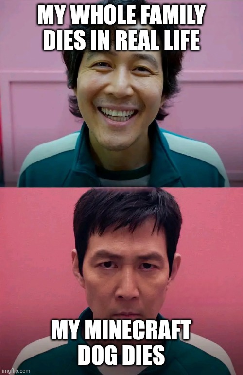 Squid Game | MY WHOLE FAMILY DIES IN REAL LIFE; MY MINECRAFT DOG DIES | image tagged in squid game | made w/ Imgflip meme maker