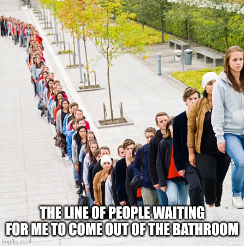 I can easily be there for a decade | THE LINE OF PEOPLE WAITING FOR ME TO COME OUT OF THE BATHROOM | image tagged in queue,funny,memes,bathroom | made w/ Imgflip meme maker